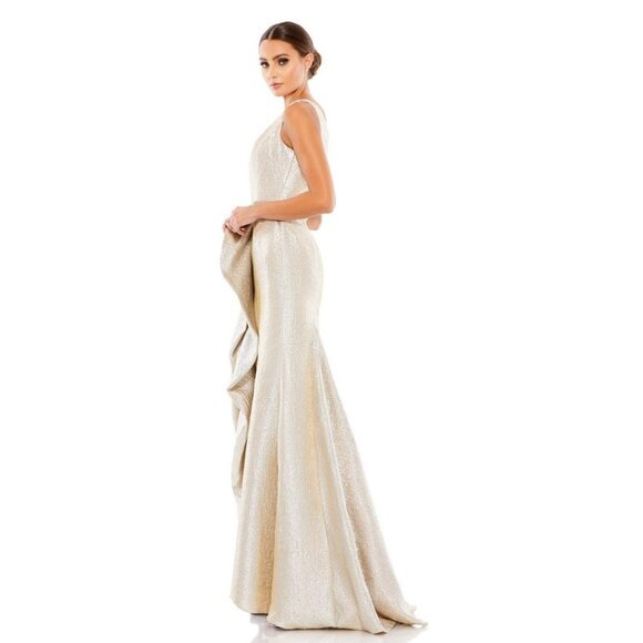 NWT Mac Duggal One Shoulder Metallic Ruffled Evening Gown 8 Oyster #8261 - Picture 5 of 9